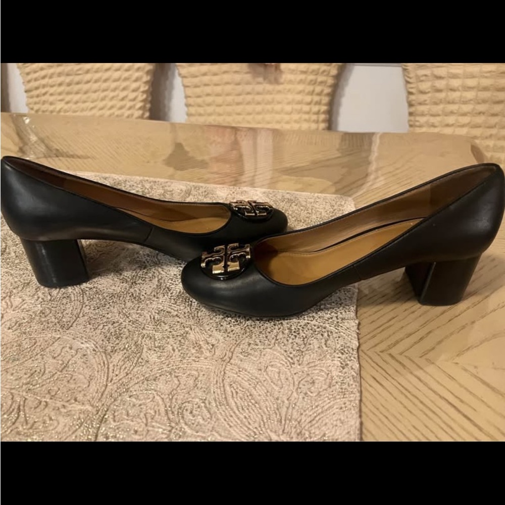 Tory Burch Black Leather Mid Block Heel Pumps with Gold Logo